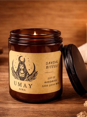 Umay Aura Sandal Ağacı Kokulu Aromaterapi El Yapımı Mum %100 Soya Wax Amber Cam Kavanoz 210 cc