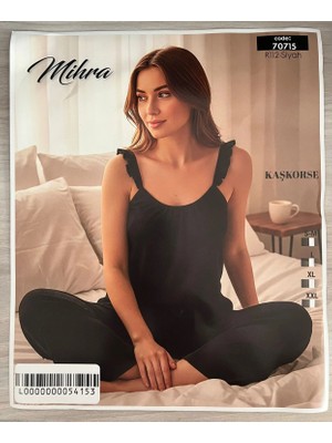 Gamzeli Renklerim Kaşkorse Siyah Fırfır Detaylı Askılı Takım - Alt Uzun Üst Askılı Kadın Pijama Takımı