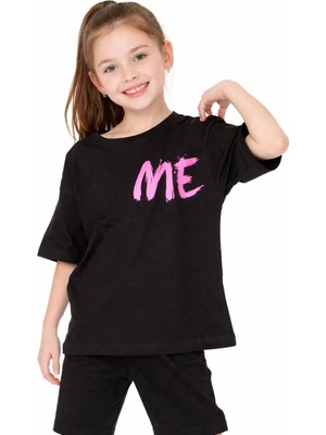 İrem Çocuk Giyim Kız Çocuk Önü Me Sırtı Fire Yazı Desenli Oversize Kalıp Siyah Renk Tişört