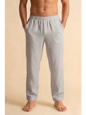 Poriento Gri Rahat Kalıp %100 Pamuk Müslin Kumaş Beli Lastikli Erkek Pantolon - Hac Umre Pantolonu