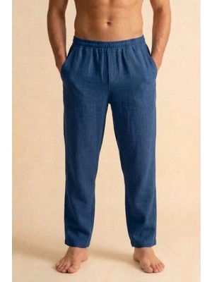 Poriento Indigo Mavi Rahat Kalıp %100 Pamuk Müslin Kumaş Beli Lastikli Erkek Pantolon - Hac Umre Pantolonu