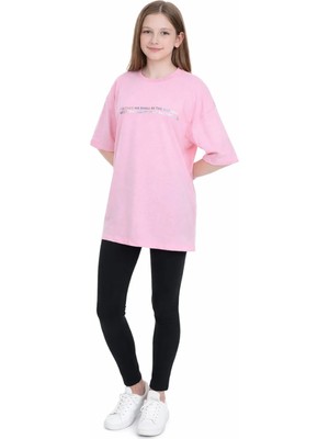 İrem Çocuk Giyim Kız Çocuk Önü Sırtı Together Yazı Tavşan Desenli Oversize Kalıp Pembe Renk Tişört