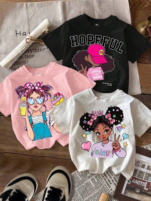 CC Collection Kız Çocuk Baskılı Tişört Pamuklu Yazlık 3'lü Renkli Desenli Tshirt