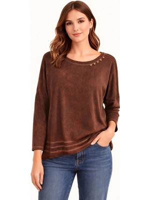 Jüji Füme Yıkamalı Boncuk Detaylı  Bordo Vintage Bluz / Uzun Kollu T-Shirt