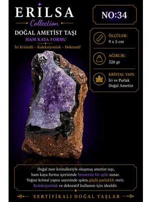 Erilsa Sertifikalı Doğal Ametist Taşı Kütle - Ham Kaya Iri Kristalli Koleksiyonluk Dekoratif NO34