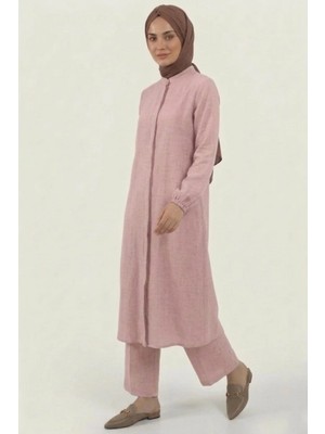 Poriento Pudra Pembe %100 Pamuk Müslin Kumaş Fermuarlı Rahat Kalıp Tesettür Kadın Takım- Hac ve Umre Kıyafeti