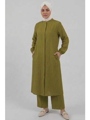 Poriento Yağ Yeşili %100 Pamuk Müslin Kumaş Fermuarlı Rahat Kalıp Tesettür Kadın Takım - Hac ve Umre Kıyafeti