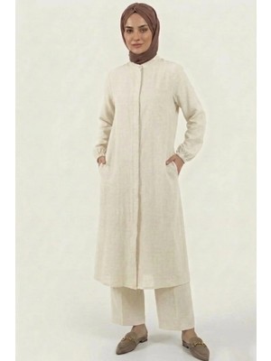 Poriento Ekru %100 Pamuk Müslin Kumaş Fermuarlı Rahat Kalıp Tesettür Kadın Takım - Hac ve Umre Kıyafeti