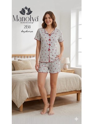 Manolya Homewear 2150 Kadın Kaşkorse Şortlu Pijama Takımı - Kısa Kollu, Fiyonk Detaylı Yazlık Pijama Seti