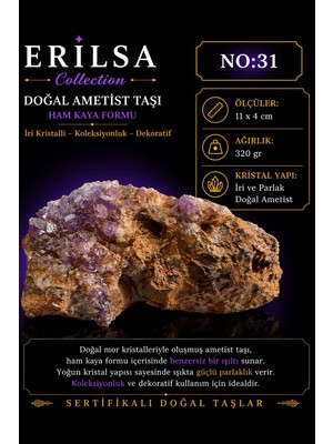Erilsa Sertifikalı Doğal Ametist Taşı Kütle Ham Kaya Iri Kristalli Koleksiyonluk Dekoratif NO31