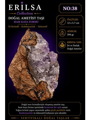 Erilsa Sertifikalı Doğal Ametist Taşı Ham Kaya Iri Kristalli Mor Dekoratif Kütle NO38