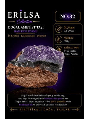 Erilsa Sertifikalı Doğal Ametist Taşı Kütle Iri Kristalli Ham Kaya Dekoratif Koleksiyonluk NO32