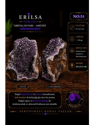 Erilsa Sertifikalı Kristal Kuvars Ametist Akik Bantlı Jeot Doğal Dekoratif Taş NO51
