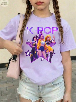 CC Collection Kız Çocuk K-Pop Baskılı Tişört Siyah Pamuklu 3-12 Yaş Trend Tshirt