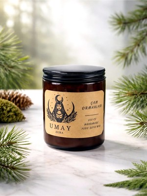 Umay Aura  Çam Kokulu Aromaterapi El Yapımı Mum %100 Soya Wax Amber Cam Kavanoz 100 cc