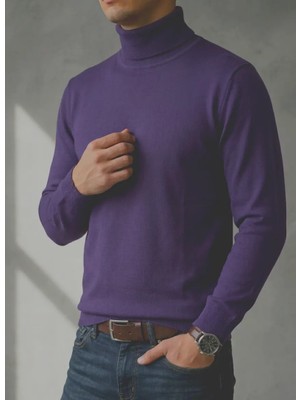 Sdnyazo Premium Erkek Koyu Mor Kaşmir ve Yünlü Tam Balıkçı Yaka Slim Fit Triko Kazak