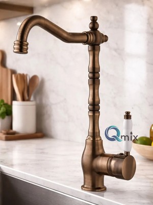 Qmix Retro Rustik Model Nostalji Antik Porselen Kol Lüx Mutfak Eviye Bataryası Komple Pirinç Malzeme