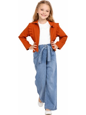 İrem Çocuk Giyim Kız Çocuk Ceketli Kot Pantolonlu Bluzu Dantelli  Kiremit Renk Üçlü Takım