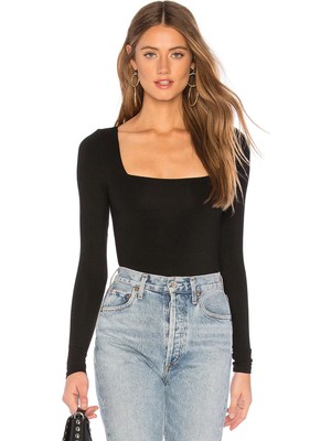 MetuCa Kadın Siyah Kare Yaka Uzun Kollu Çift Katlı Sandy Kumaş Çıtçıtlı Bodysuit