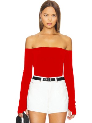 MetuCa Kadın Kırmızı Madonna Yaka Uzun Kollu Parmak Geçmeli Sandy Kumaş Bluz