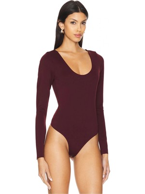 MetuCa Kadın Bordo Geniş U Yaka Uzun Kollu Ipek Jarse Kumaş Tanga Kesim Bodysuit Zıbın