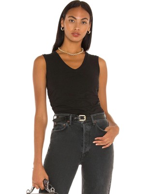 MetuCa Kadın Siyah V Yaka Sıfır Kol Çift Katlı Sandy Kumaş Basic Atlet