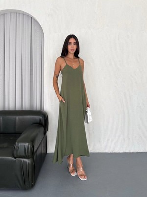 MetuCa Kadın V Yaka Ip Askılı Cepli Salaş Kesim Ayrobin Kumaş Maxi Boy Elbise - Haki