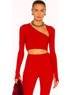 MetuCa Kadın Kırmızı Asimetrik Yaka Uzun Kollu Parmak Geçmeli Sandy Kumaş Crop Bluz
