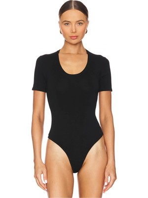 MetuCa Kadın Siyah U Yaka Kısa Kollu Jarse Kumaş Vücudu Saran Tanga Kesim Bodysuit Zıbın