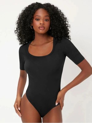 MetuCa Kadın Siyah U Yaka Kısa Kollu Çift Katlı Sandy Kumaş Tanga Bodysuit