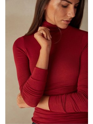 MetuCa Kadın Kırmızı Balıkçı Yaka Uzun Kollu Çift Katlı Sandy Kumaş Çıtçıtlı Body