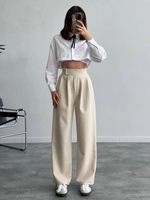MetuCa Kadın Krem Yüksek Bel Cırtlı Pileli Bol Paça Palazzo Model Kumaş Pantolon