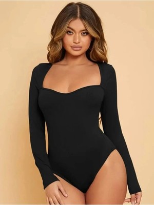 MetuCa Kadın Siyah Derin U Yaka Uzun Kollu Çift Katlı Sandy Kumaş Çıtçıtlı Bodysuit