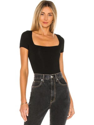 MetuCa Kkadın Siyah Kare Yaka Kısa Kollu Çift Katlı Sandy Kumaş Tanga Bodysuit