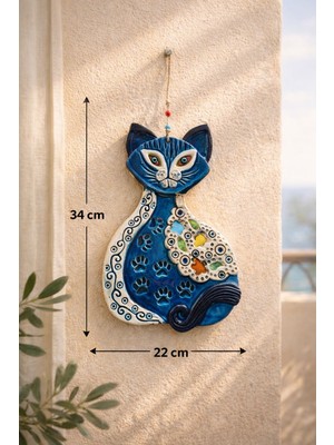 Marena Home Seramik Kedi Duvar Süsü Büyük Boy 34X22 Cm, Bohem Dekoratif Duvar Aksesuarı, El Yapımı Duvar Dekoru