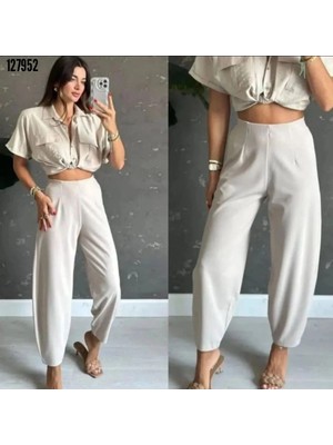 MetuCa Kadın Yüksek Bel Beli Lastikli Dökümlü Salaş Kesim Şalvar Model Krep Pantolon - Beyaz