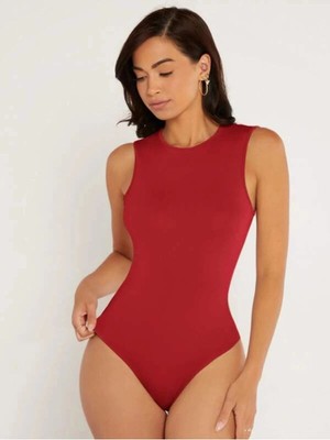 MetuCa Kadın Kırmızı Bisiklet Yaka Sıfır Kol Çift Katlı Sandy Kumaş Çıtçıtlı Bodysuit