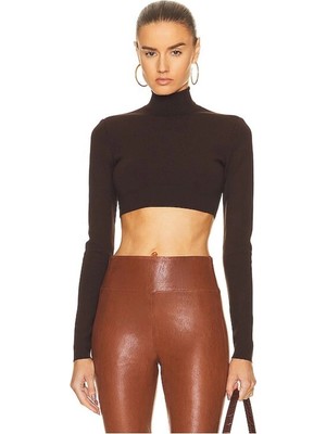 MetuCa Kadın Kahverengi Balıkçı Yaka Uzun Kollu Çift Katlı Sandy Kumaş Crop Bluz