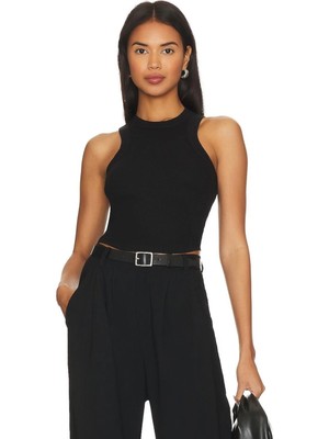 MetuCa Kadın Siyah Bisiklet Yaka Sıfır Kol Çift Katlı Sandy Kumaş Crop Bluz