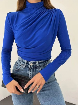 MetuCa Kadın Omuzdan Drapeli Yarım Balıkçı Yaka Uzun Kollu Vücudu Saran Bluz - Mavi