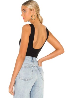 MetuCa Kadın Derin Sırt Dekolteli Kolsuz Vücudu Saran Kaşkorse String Bodysuit - Siyah