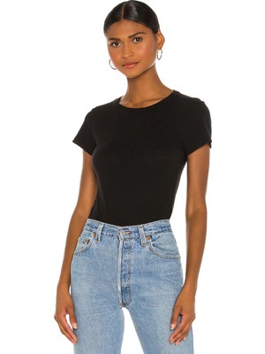 MetuCa Kadın Siyah Bisiklet Yaka Kısa Kollu Çift Katlı Sandy Kumaş Tanga Bodysuit