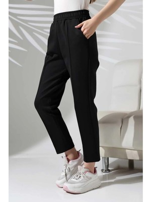 MetuCa Kadın Siyah Yüksek Bel Lastikli Düz Renk Cepli Çizgili Bilek Boy Scuba Kumaş Jogger Pantolon