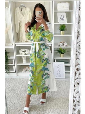 Hiccup Kadınlar MSN Çiçek Desenli Kemerli Midi Elbise, Gömlek Yakalı Beyaz