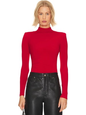 MetuCa Kadın Kırmızı Balıkçı Yaka Uzun Kollu Çift Katlı Sandy Kumaş Tanga Bodysuit