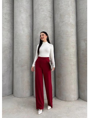 MetuCa Kadın Bordo Yüksek Bel Cırtlı Pileli Bol Paça Palazzo Model Kumaş Pantolon