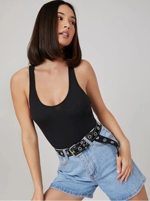 MetuCa Kadın Siyah Derin U Yaka Kolsuz Çift Katlı Sandy Kumaş Çıtçıtlı Bodysuit