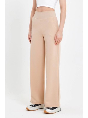 MetuCa Kadın Bej Korsaj Yüksek Bel Cepli Palazzo Geniş Paça Krep Kumaş Pantolon