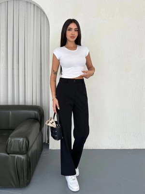 MetuCa Kadın Yüksek Bel Dikiş Detaylı Bol Paça Palazzo Model Kumaş Pantolon - Siyah