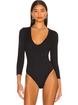 MetuCa Kadın Kırmızı V Yaka Uzun Kollu Çift Katlı Sandy Kumaş Tanga Bodysuit